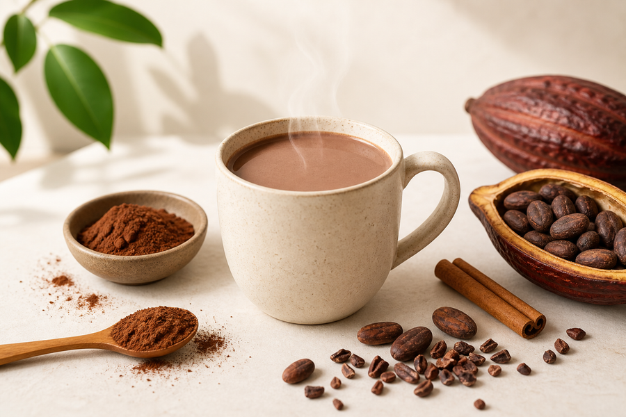 Taza de cacao caliente con cacao natural para una mañana saludable