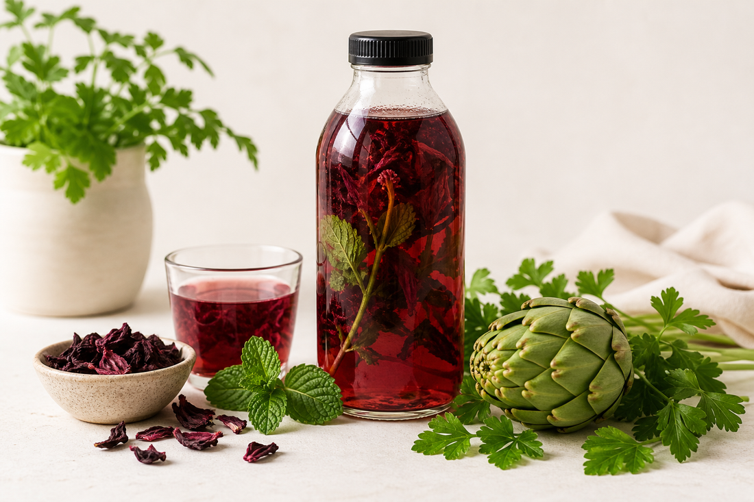 Frasco limpio con bebida natural e ingredientes frescos para bienestar digestivo