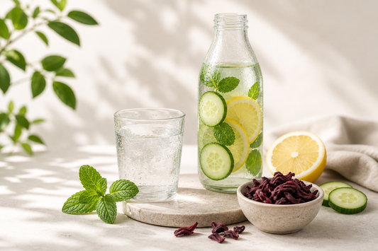 Vaso de agua fresca con ingredientes naturales para una rutina de hidratación saludable