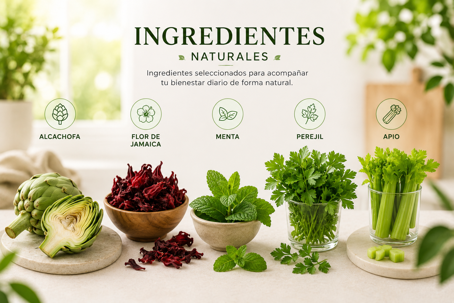 Ingredientes naturales de RtaFull: flor de jamaica, alcachofa, menta y perejil
